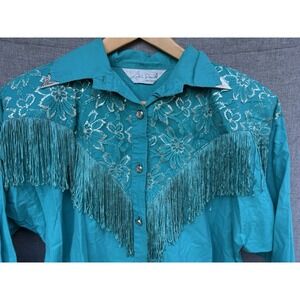 Vtg Lilia Smitty Western Shirt Teal Silver Rose Medium Lace Collar Tip Fringe